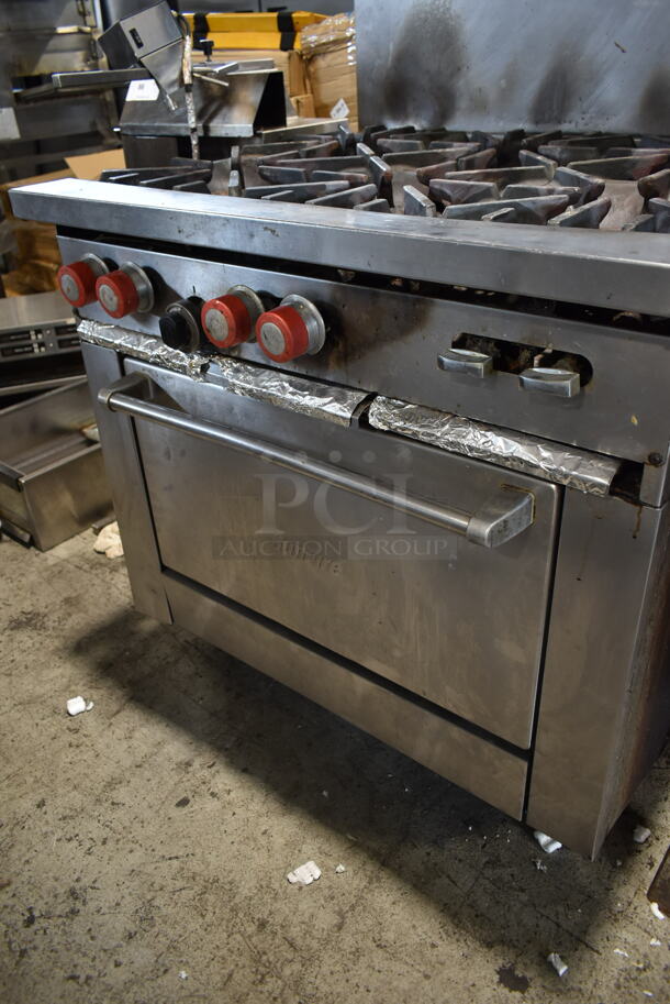 Garland SunFire X36-6R Stainless Steel Commercial Natural Gas Powered 6 Burner Range w/ Oven, Back Splash and Over Shelf. - Image 4 of 8