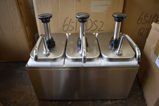 BRAND NEW! Servsense Stainless Steel Countertop Condiment Rail w/ 3 White Poly Drop Ins and 3 Pump Lids. 14.5x12x13