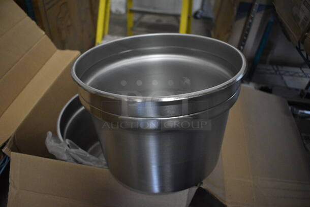 6 BRAND NEW IN BOX! Stainless Steel Cylindrical Drop In Bins. 11.25x11.25x8. 6 Times Your Bid!