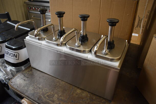 BRAND NEW! Servsense Stainless Steel Countertop Condiment Rail w/ 4 White Poly Drop Ins and 4 Pump Lids. 18.5x12x13 - Image 2 of 4