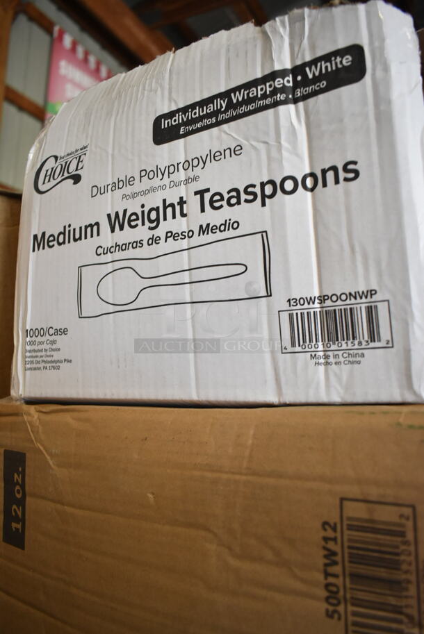 PALLET LOT of 35 BRAND NEW Boxes Including 130WSPOONWP Choice Individually Wrapped Medium Weight White Plastic Teaspoon - 1000/Case, 966TALLFLDN Choice Kraft Natural Tall-Fold 6" x 13" Dispenser Napkin - 8000/Case, World 506791, 500TW12 Choice 12 oz. Translucent Thin Wall Plastic Cold Cup - 1000/Case, 500TO993 Choice 9" x 9" x 3" Microwavable 1-Compartment Black / Clear Plastic Hinged Container - 100/Case, Genpak 12 oz Hinged Deli Containers, 176BD3BK2 Choice 3 Gallon Black Slim Beverage / Juice Dispenser, 347TCL10 Choice 10 oz. Clear Disposable Plastic Tumbler - 500/Case, Two 6126050 Choice Full Size Foil Steam Table Pan Deep 3 3/8" Depth - Full Size Deep - 50/Case. 35 Times Your Bid! - Image 6 of 8