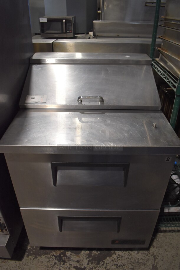 2014 True TSSU-27-08D-2 Stainless Steel Commercial Sandwich Salad Prep Table Bain Marie Mega Top w/ 2 Drawers on Commercial Casters. 115 Volts, 1 Phase. 27.5x30x43. Tested and Working!