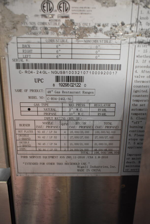 Migali C-RO4-24GL-NG Stainless Steel Commercial Natural Gas Powered 4 Burner Range w/ Flat Top Griddle, 2 Ovens, Over Shelf and Back Splash on Commercial Casters.  - Image 11 of 12