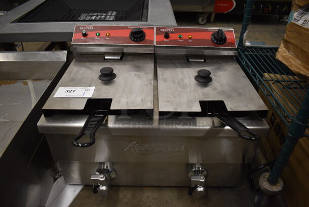 Avantco 177F202 Stainless Steel Commercial Countertop Dual Tank Electric Powered Fryer w/ 2 Metal Baskets and 2 Lids. 208/240 Volts. 23x18x17