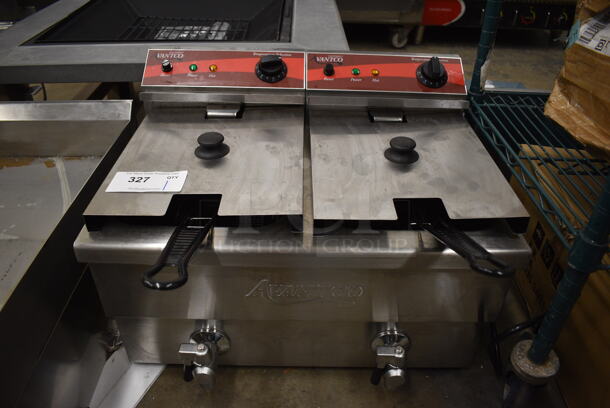 Avantco 177F202 Stainless Steel Commercial Countertop Dual Tank Electric Powered Fryer w/ 2 Metal Baskets and 2 Lids. 208/240 Volts. 23x18x17 - Image 1 of 8