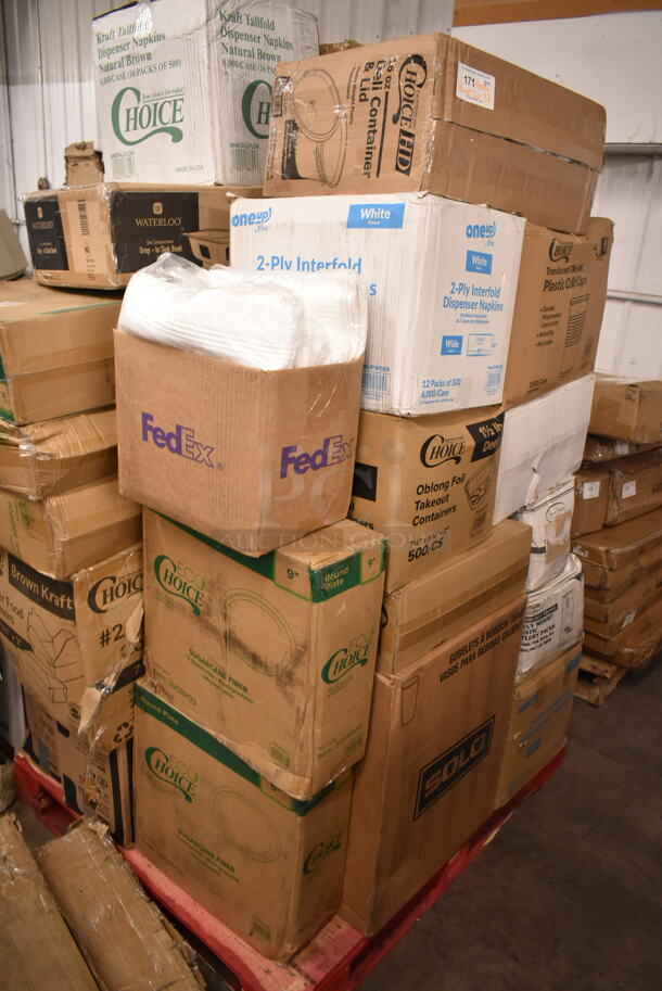 PALLET LOT of 35 BRAND NEW Boxes Including 795PTOKFT2 Choice 7 3/4" x 5 1/2" x 2" Kraft Microwavable Folded Paper #2 Take-Out Container - 200/Case, 5 Box 395RP09 EcoChoice Compostable Sugarcane, 966TALLFLDN Choice Kraft Natural Tall-Fold 6" x 13" Dispenser Napkin - 8000/Case, 612OB15LBD Choice 1.5 lb. Oblong Deep Foil Take-Out Container - 500/Case, 347RPBD10WHS PLATE 10" WH/SLV BAND 120 SILVER VISIONS, 130CLKFSNSPH Visions 10" White Plastic Plate with Silver Bands - 120/Case, 500TW7 Choice 7 oz. Translucent Thin Wall Plastic Cold Cup - 2500/Case, 5002DNAP Choice White 2-Ply Dinner Napkin 17" x 15" - 3000/Case, 2 Box 394365L Noble Products Powder-Free Disposable Clear Vinyl Gloves for Foodservice - Large - 1000/Case. 35 Times Your Bid! - Image 1 of 12