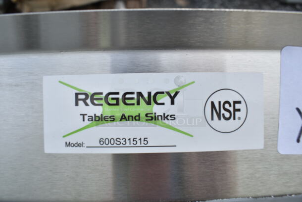 2 BRAND NEW SCRATCH AND DENT! Regency 600S31515 54" 16-Gauge Stainless Steel Three Compartment Commercial Sink with Galvanized Steel Legs and without Drainboards - 15" x 15" x 12" Bowls. No Legs. 2 Times Your Bid!  - Image 8 of 9