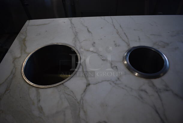 White Cabinet w/ Stone Countertop, 2 Trash Deposit Holes, 3 Doors and 2 Trash Cans on Commercial Casters. 60x30x42 - Image 4 of 7