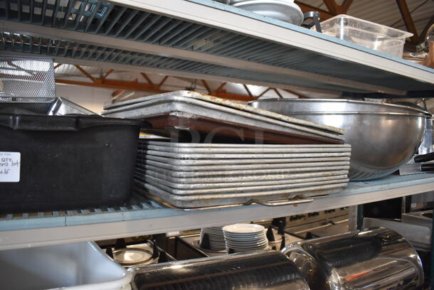 ALL ONE MONEY! Lot of Contents of Shelving Unit Including Metal Bowls, Chafing Dishes, Poly Bins, Bus Bins, Metal Baking Pans and Dish Caddies. Does Not Include Shelving Unit.  - Image 7 of 12