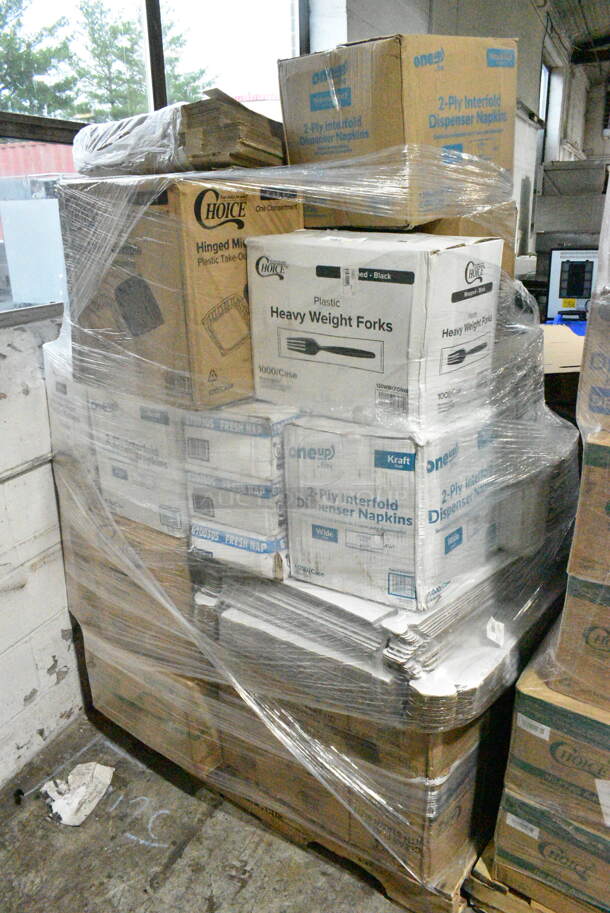 PALLET LOT of 22 BRAND NEW Boxes Including 966UPWIDEKFT OneUp by Choice Kraft 2-Ply Wide Interfold 6 1/2" x 8 1/2" Dispenser Napkin - 6000/Case, 130WBKFORKH Choice Black Heavy Weight Wrapped Plastic Fork - 1000/Case, 500TO883 Choice 8" x 8" x 3" Microwaveable 1-Compartment Black / Clear Plastic Hinged Container - 100/Case, 2 Box 130WHKNIFEWX Choice White Extra Heavy Weight Wrapped Plastic Knife - 1000/Case, 3 Box 6700305 4" x 6" Lemon Scented Moist Towelette / Wet Nap Hand Wipe - 1000/Case, 3 Box 500LFLAT Choice Clear Flat Lid with Straw Slot - 9, 12, 16, 20, and 24 oz. - 1000/Case, 127RD32COMBO Choice 32 oz. Customizable Microwavable Clear Round Deli Container and Lid Combo Pack - 250/Case, 795KFTL32PLA EcoChoice 16-32 oz. Round Compostable PLA Take-Out Lid - 300/Case. 22 Times Your Bid!  - Image 1 of 12