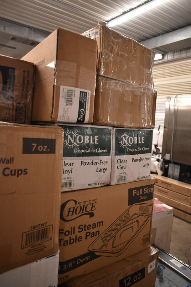 PALLET LOT of 35 BRAND NEW Boxes Including 795PTOKFT2 Choice 7 3/4" x 5 1/2" x 2" Kraft Microwavable Folded Paper #2 Take-Out Container - 200/Case, 5 Box 395RP09 EcoChoice Compostable Sugarcane, 966TALLFLDN Choice Kraft Natural Tall-Fold 6" x 13" Dispenser Napkin - 8000/Case, 612OB15LBD Choice 1.5 lb. Oblong Deep Foil Take-Out Container - 500/Case, 347RPBD10WHS PLATE 10" WH/SLV BAND 120 SILVER VISIONS, 130CLKFSNSPH Visions 10" White Plastic Plate with Silver Bands - 120/Case, 500TW7 Choice 7 oz. Translucent Thin Wall Plastic Cold Cup - 2500/Case, 5002DNAP Choice White 2-Ply Dinner Napkin 17" x 15" - 3000/Case, 2 Box 394365L Noble Products Powder-Free Disposable Clear Vinyl Gloves for Foodservice - Large - 1000/Case. 35 Times Your Bid! - Image 12 of 12