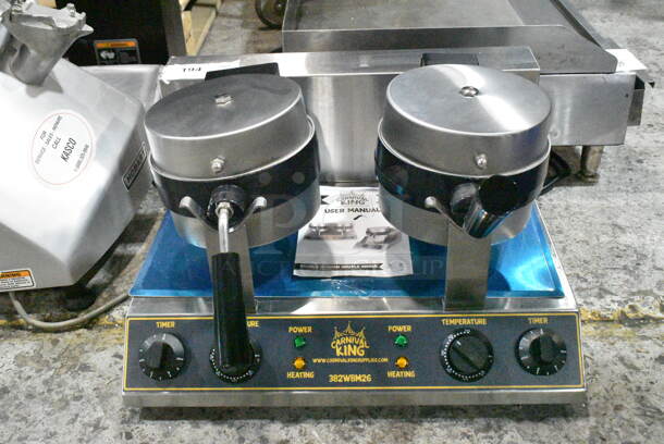 BRAND NEW SCRATCH AND DENT! 2023 Carnival King 382WBM26 Stainless Steel Non-Stick Double Belgian Waffle Maker with Timers. 120 Volts, 1 Phase. Tested and Working! - Image 2 of 8