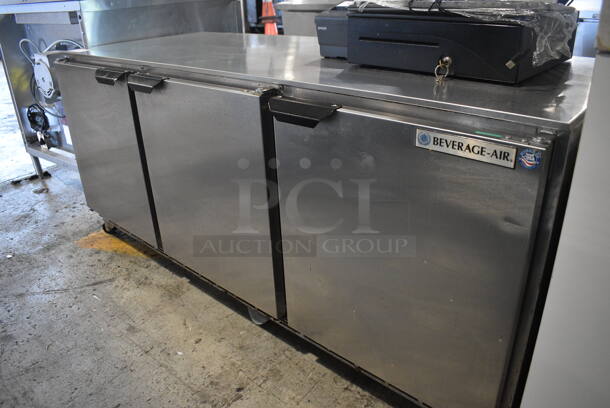 Beverage Air Model UCR72AY-23 Stainless Steel Commercial 3 Door Undercounter Cooler on Commercial Casters. 115 Volts, 1 Phase. 72x30.5x31.5. Tested and Powers On But Temps at 50 Degrees - Image 2 of 6