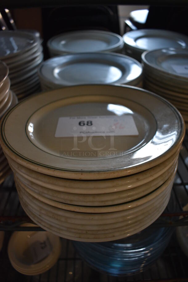 36 White Ceramic Plates w/ Green Lines on Rim. 9x9x1. 36 Times Your Bid!