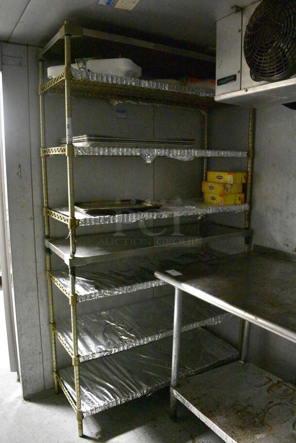 2 Gold Finish 4 Tier Shelving Unit. BUYER MUST DISMANTLE. PCI CANNOT DISMANTLE FOR SHIPPING. PLEASE CONSIDER FREIGHT CHARGES. 48x18x40.5. 2 Times Your Bid! (kitchen)