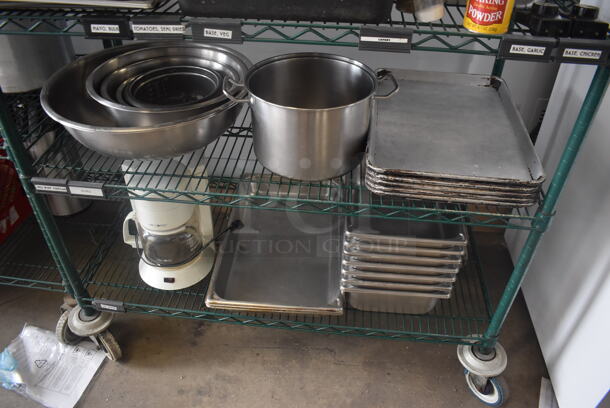 Metro Lot Including Knives in Block, Stainless Drop In Bins, Stainless Half Pans, Stainless Bowls, Coffee Machine, Fry Basket and Much More! Metro Shelf Not Included.  - Image 5 of 5