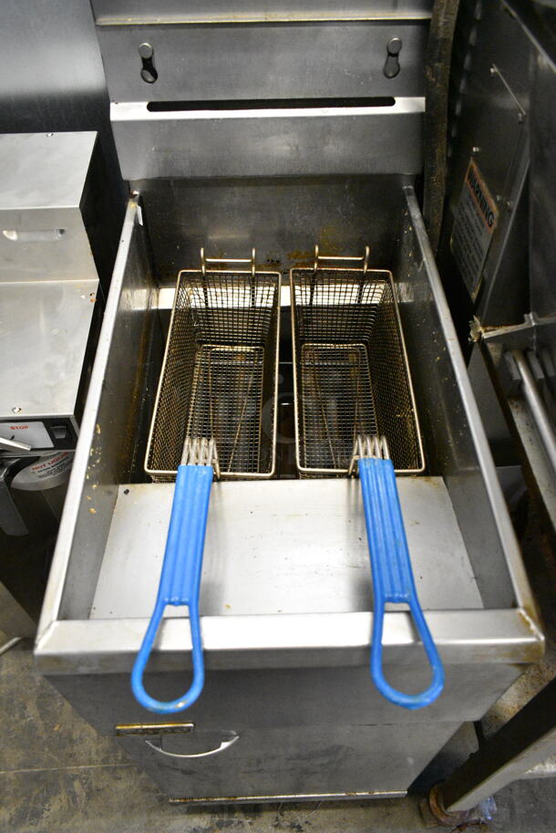 Pitco Frialator Stainless Steel Commercial Floor Style Natural Gas Powered Deep Fat Fryer w/ 2 Metal Fry Baskets on Commercial Casters.  - Image 3 of 9
