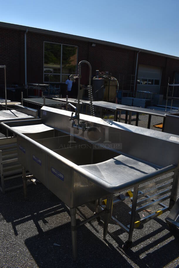 Stainless Steel Commercial 3 Bay Sink w/ Dual Drain Boards, Faucet, Handles and Spray Nozzle Attachment. 87x26x44. Bays 16x20x14. Drain Boards 18x22x1 - Image 6 of 6