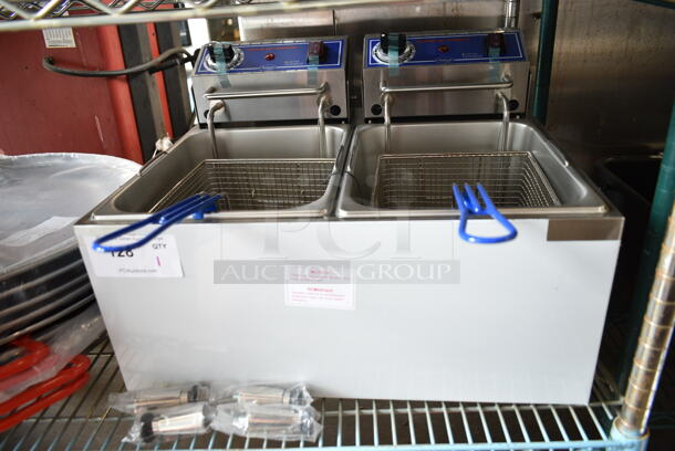 BRAND NEW SCRATCH AND DENT! 2023 Globe PF32E Stainless Steel 32 lb. Dual Tank Electric Countertop Fryer w/ 2 Metal Fry Baskets. 208/240 Volts, 1 Phase.  - Image 2 of 6