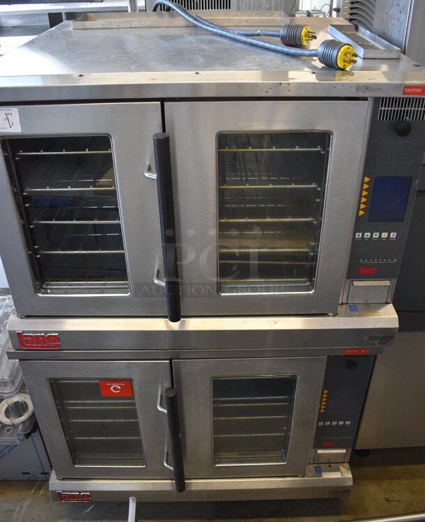 2 Lang Stainless Steel Commercial Electric Powered Full Size Convection Ovens w/ View Through Doors and Metal Oven Racks. 480 Volts, 3 Phase. 40x39x60. 2 Times Your Bid!