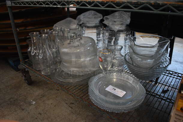 ALL ONE MONEY! Lot of Various Glass Dishes Including Plates, Bowls, Dome Cake Lids and Carafes