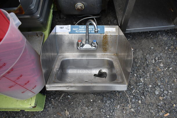 Stainless Steel Commercial Single Bay Wall Mount Sink w/ Faucet, Handles and Side Splash Guards.