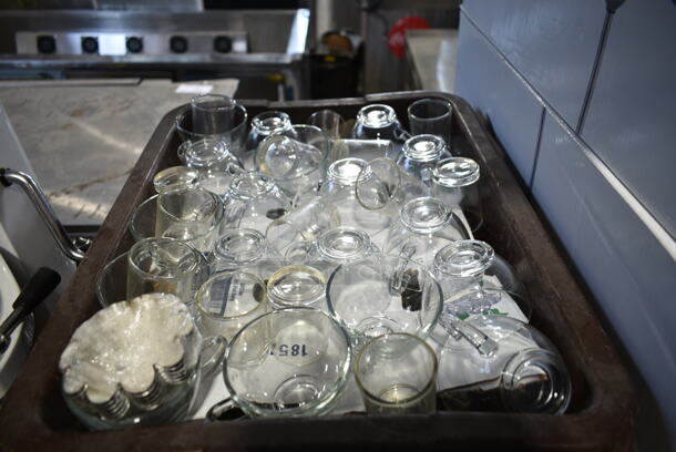 ALL ONE MONEY! Lot of Brown Bus Bin w/ Contents Including Glasses and Metal Muffin Tins - Image 3 of 5