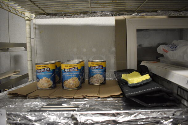 White 5 Tier Wire Shelving Unit w/ Contents Including Soup, Utensils and Receipt Paper Rolls. BUYER MUST REMOVE. BUYER MUST DISMANTLE. PCI CANNOT DISMANTLE FOR SHIPPING. PLEASE CONSIDER FREIGHT CHARGES. 48x18x75. (kitchen) - Image 2 of 10