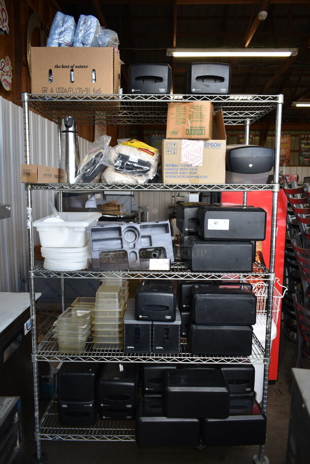 ALL ONE MONEY! Metro Lot of Various Items Including Poly Drop In Bins, Napkin Dispensers and Mop Heads. Shelving Unit Not Included. - Image 1 of 9