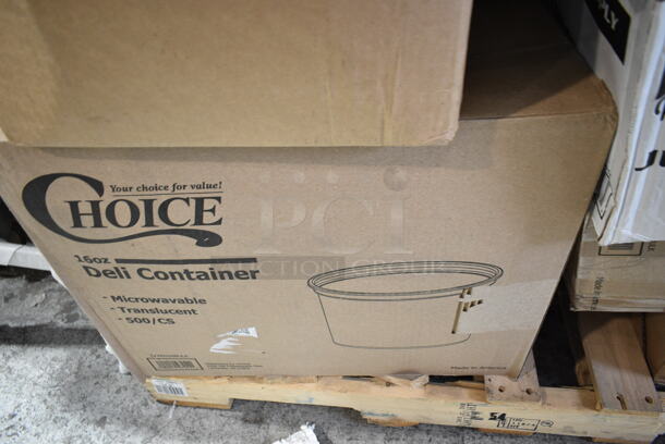 PALLET LOT of 24 BRAND NEW Boxes Including 395RP07 EcoChoice Compostable Sugarcane / Bagasse 7" Plate - 1000/Case, 130LID18 Visions 18" Clear PET Plastic Round Catering Tray High Dome Lid - 25/Case, 2 Box Choice Printed Hot Cup Sleeves, 127RD16BULK Choice 16 oz. Customizable Microwavable Translucent Round Deli Container - 500/Case, 129MCS28B Choice 28 oz. Black Rectangular Microwavable Heavy Weight Container with Lid 8 3/4" x 6 1/4" x 1 3/4" - 150/Case, Choice Blue Trays, 5002TPJPR1K Lavex Universal 2-Ply Jumbo 1000' Toilet Paper Roll with 8 1/2" Diameter - 12/Case, 100BTWINE Choice #24 Gauge Butcher Sausage Twine 2 lb. Spool, 130SVFRK600C Visions 7 1/4" Silver Classic Heavy Weight Silver Plastic Fork - 600/Case, 2 Box Small Vinyl Exam Gloves, 760PCC03W Choice White Poly Paper Cold Cup. 24 Times Your Bid! - Image 11 of 12
