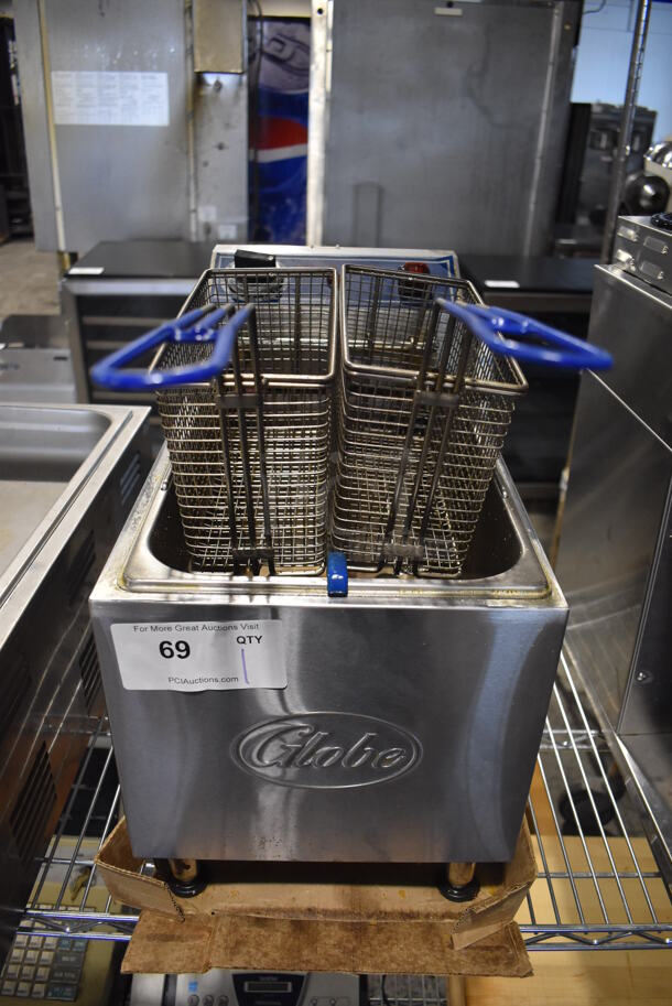 Globe PF16E Stainless Steel Commercial Countertop Electric Powered Fryer w/ 2 Fry Baskets. 208/240 Volts, 1 Phase. 11x17.5x17