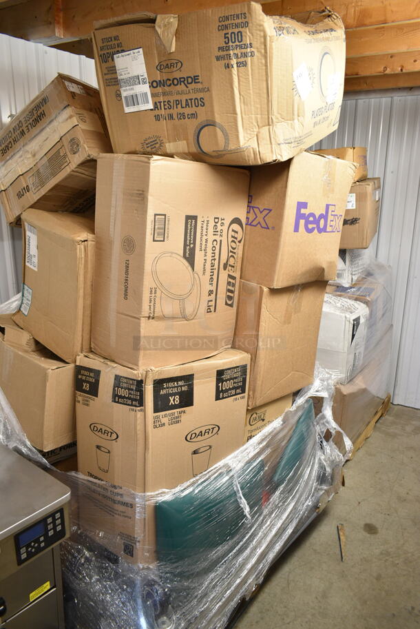 PALLET LOT of 25 BRAND NEW Boxes Including 43205800 Choice White Linen-Feel 1/8 Fold Dinner Napkin - 800/Case, Dart 10PWCR Concorde 10 1/4" White Non-Laminated Round Foam Plate - 500/Case, 3 Box 128HD16COMBO ChoiceHD 16 oz. Microwavable Translucent Plastic Deli Container and Lid Combo Pack - 240/Case, Solo X8-J8002 Trophy Plus 8 oz. Symphony Foam Cup - 1000/Case, 347RS Choice 1 oz. Clear Plastic Shot Glass - 2500/Case, Dart 10J10 10 oz. White Customizable Foam Cup - 1000/Case, Lavex 257UB1648 16" x 48" Heavy-Duty Steel U-Boat Utility Cart - 2000 lb. Capacity, Barbecue Bags. 25 Times Your Bid! - Image 1 of 12