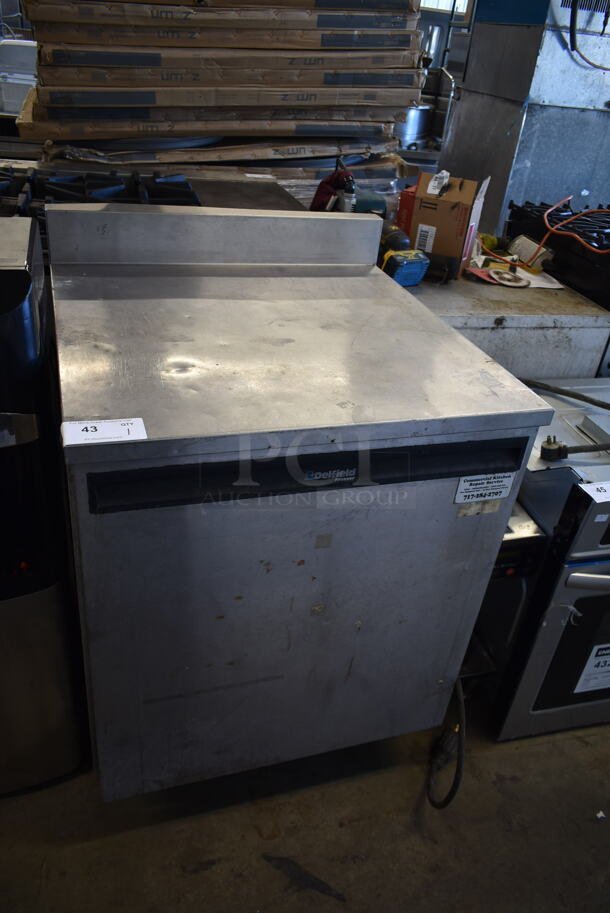 Delfield 402 Stainless Steel Commercial Single Door Work Top Cooler w/ Back Splash on Commercial Casters. 115 Volts, 1 Phase. Tested and Working!