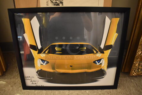 Framed Picture of Yellow Lamborghini Huracan SIGNED by Lamborghini Test Driver Valentino Balboni VERY HARD TO FIND!