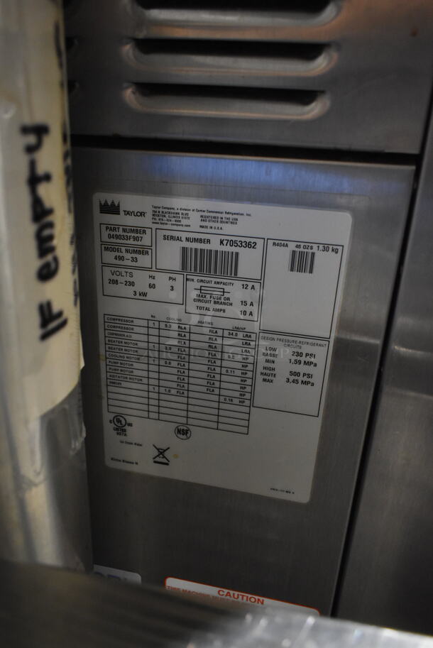 Taylor 490-33 Stainless Steel Commercial Countertop Single Flavor Ice Cream Machine w/ Milkshake Mixing Attachment. 208-230 Volts, 3 Phase. - Image 7 of 7