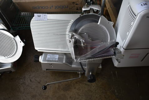 BRAND NEW SCRATCH AND DENT! Estella 348SLM13 Stainless Steel Commercial Countertop Automatic Meat Slicer w/ Blade Sharpener. 120 Volts, 1 Phase. Tested and Working!