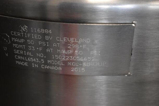 2015 Cleveland KGL-80 Stainless Steel Commercial Floor Style 80 Gallon Steam Kettle.  - Image 6 of 6