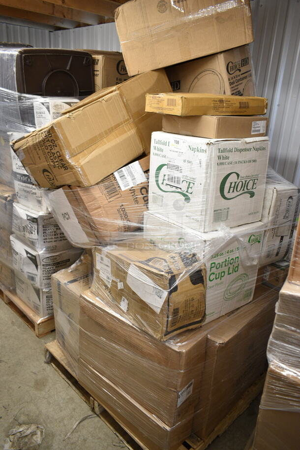 PALLET LOT of 30 BRAND NEW Boxes Including 5014046XXH Lavex Pro 45 Gallon 3 Mil 40" x 46" Low Density Heavy-Duty Industrial Contractor Black Trash Bag / Can Liner - 50/Case, 127PL400 Choice PET Plastic Lid for 3.25 to 5.5 oz. Souffle Cup / Portion Cup - 2500/Case, 966TALLFLDB Choice White Tall-Fold 6" x 13" Dispenser Napkin - 8000/Case, 130TRAY12 Visions Black PET Plastic 12" Thermoform Catering / Deli Tray - 25/Case, 10020-PRM HDPE Shopping Bags, 50016W Choice 16oz White Poly Paper Hot Cup, Corrugated White Circles 12". 30 Times Your Bid! - Image 1 of 11