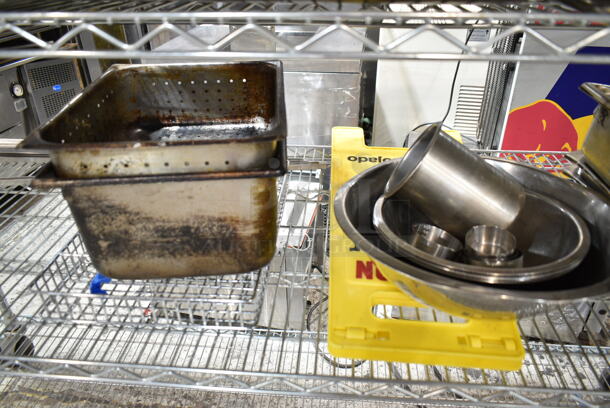 ALL ONE MONEY! Two Tier Lot of Various Items Including Stainless Steel Drop In Bins, Lids, Metal Bread Baskets, Bowls.  - Image 7 of 8