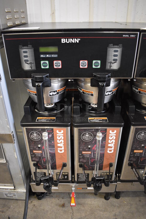2017 Bunn Model DUAL SH DBC Stainless Steel Commercial Countertop Dual Coffee Machine w/ Hot Water Dispenser, 2 Stainless Steel Brew Baskets and 2 Bunn Model SH SERVER Satellite Servers. 120/208-240 Volts, 1 Phase. 18x24x36. Tested and Working! - Image 1 of 6