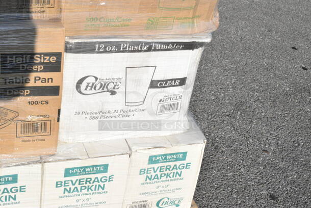 35 BRAND NEW Boxes Including 3 Box 5001BNAP Choice 1-Ply White Beverage / Cocktail Napkin - 4000/Case, 347TCL12 Choice 12 oz. Clear Disposable Plastic Tumbler - 500/Case, 795PTOKFT3 Choice Kraft Microwavable Folded Paper #3 Take-Out Container 7 3/4" x 5 1/2" x 2 1/2" - 200/Case, 50010DWALLWH Choice 10 oz. White Smooth Double Wall Paper Hot Cup, 395RP09 EcoChoice No PFAS Added Bamboo / Bagasse Blend 9" Plate - 500/Case, SN200-3L Genpak SN200-BK 9" x 9" x 3" Black Hinged Lid Foam Container - 200/Case, 2 Box 394365M Noble Products Powder-Free Disposable Clear Vinyl Gloves for Foodservice - Medium - 1000/Case, 795PTOWHT1 Choice White Microwavable Folded Paper #1 Take-Out Container 4 3/8" x 3 1/2" x 2 1/2" - 450/Case, 500TO993 Choice 9" x 9" x 3" Microwavable 1-Compartment Black / Clear Plastic Hinged Container - 100/Case, 5004C Choice 4 oz. Coffee Print Poly Paper Hot Cup - 1000/Case, 2 Box 129MCR24B Choice 24 oz. Black Round Microwavable Heavy Weight Container with Lid 7 1/4" - 150/Case, 347TCL12 Choice 12 oz. Clear Disposable Plastic Tumbler - 500/Case. 35 Times Your Bid!  - Image 3 of 12