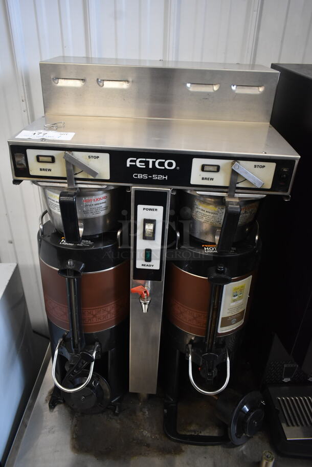 Fetco CBS-52H Stainless Steel Commercial Countertop Double Coffee Machine w/ 2 Metal Brew Baskets and 2 Satellite Servers. 