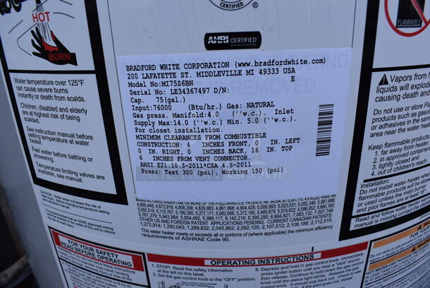 Bradford White MI75S6BN Metal Commercial Natural Gas Powered Water Heater. 27x27x72 - Image 5 of 8