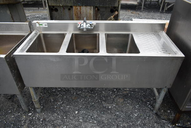 Stainless Steel Commercial 3 Bay Back Bar Sink w/ Right Side Drain Board, Faucet and Handles. Bays 10x14. Drain Boards 10x15 - Image 1 of 6