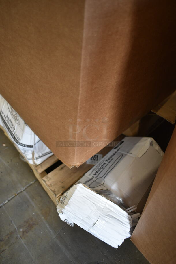 PALLET LOT of 34 BRAND NEW Boxes Including 2 Box 129MCR24B Choice 24 oz. Black Round Microwavable Heavy Weight Container with Lid 7 1/4" - 150/Case, Banquet Roll 40'x300', 3 Box 347RPBD10WHS Visions 10" White Plastic Plate with Silver Bands - 120/Case, 500TSCOVER Lavex Half Fold Paper Toilet Seat Cover - 5000/Case, 394385L Noble Products White Powder-Free Disposable Latex Gloves for Foodservice - Large - 1000/Case, 395TO991 EcoChoice 9" x 9" x 3" Compostable Sugarcane / Bagasse 1 Compartment Take-Out Box - 200/Case, Choice Foil Steam Table Pans. 34 Times Your Bid! - Image 5 of 12