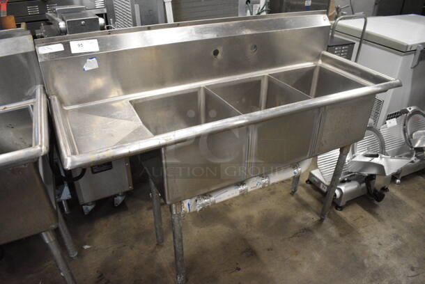 Stainless Steel 3 Bay Sink w/ Left Side Drainboard. 57x22x44.5. Bays 14x16x11. Drainboard 10x18x2