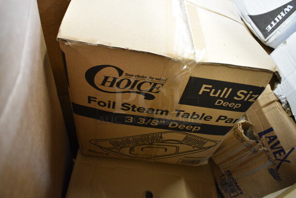PALLET LOT of 34 BRAND NEW Boxes Including 2 Box 129MCR24B Choice 24 oz. Black Round Microwavable Heavy Weight Container with Lid 7 1/4" - 150/Case, Banquet Roll 40'x300', 3 Box 347RPBD10WHS Visions 10" White Plastic Plate with Silver Bands - 120/Case, 500TSCOVER Lavex Half Fold Paper Toilet Seat Cover - 5000/Case, 394385L Noble Products White Powder-Free Disposable Latex Gloves for Foodservice - Large - 1000/Case, 395TO991 EcoChoice 9" x 9" x 3" Compostable Sugarcane / Bagasse 1 Compartment Take-Out Box - 200/Case, Choice Foil Steam Table Pans. 34 Times Your Bid! - Image 10 of 12