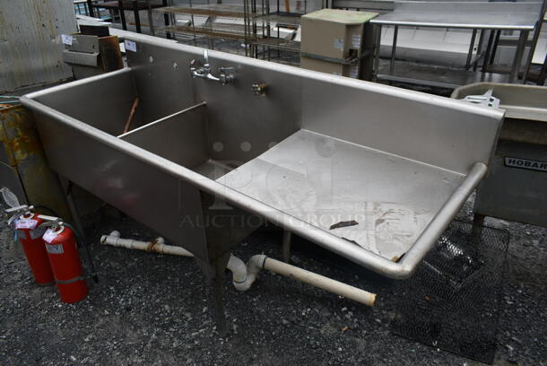 Stainless Steel Commercial 2 Bay Sink w/ Right Side Drain Board, Faucet and Handles. Bays 24x24. Drain Boards 28x24