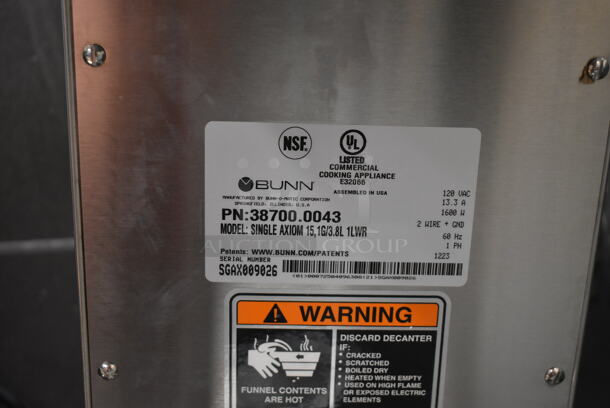 BRAND NEW SCRATCH AND DENT! 2023 Bunn SINGLE AXIOM 15 Stainless Steel Commercial Countertop Single 1 Gallon Coffee Brewer w/ Hot Water Dispenser, Metal Brew Basket and Server Satellite. 120 Volts, 1 Phase.  - Image 9 of 9