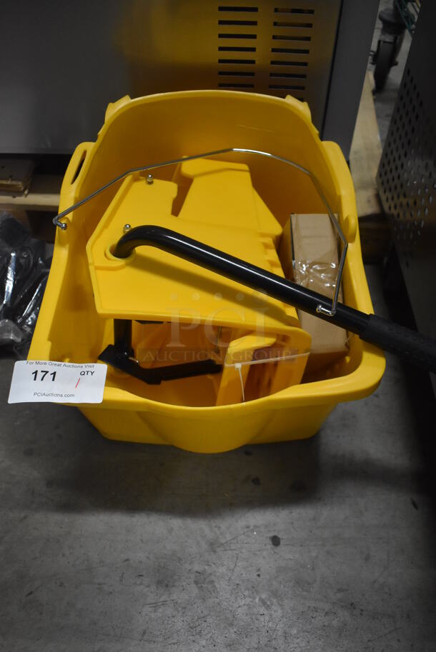 BRAND NEW! Yellow Poly Mop Bucket w/ Wringing Attachment and Casters. 15x19x26